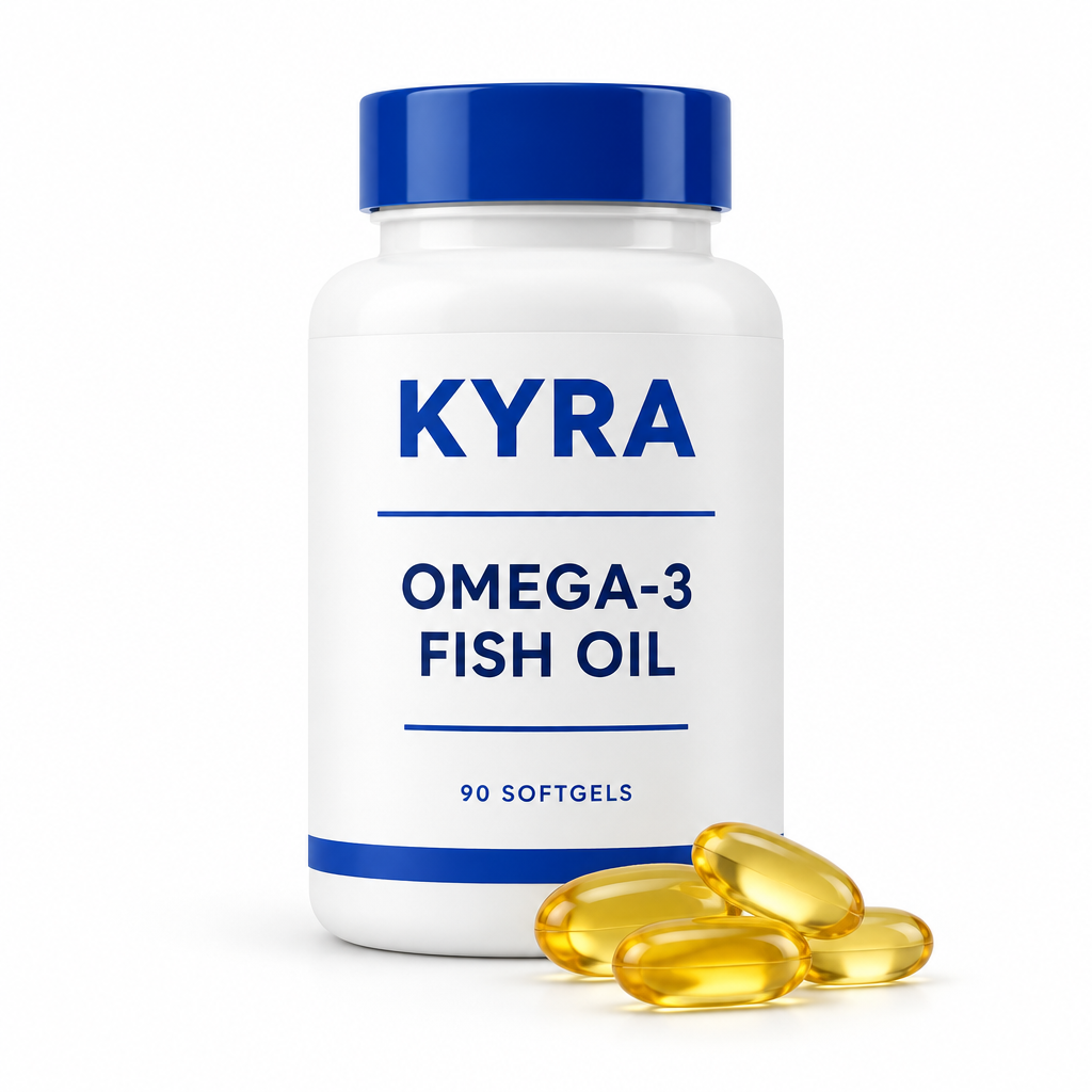 KYRA Omega-3 Fish Oil bottle with softgels