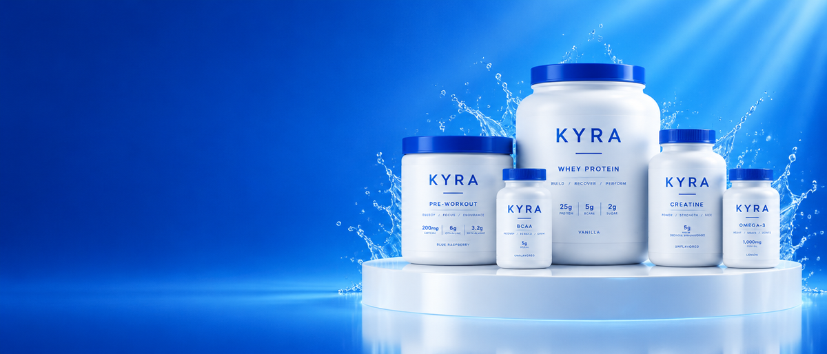 KYRA supplements lineup on a blue background
